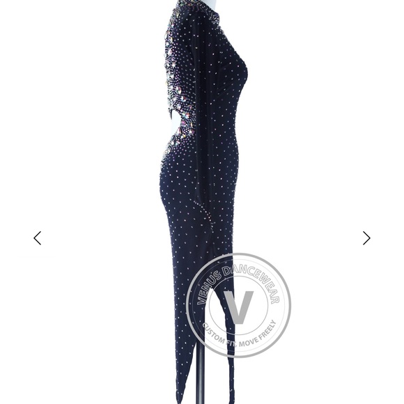 Navy Blue Latin/Rhythm Dance Dress with Rhinestone Detailing - Picture 5 of 8